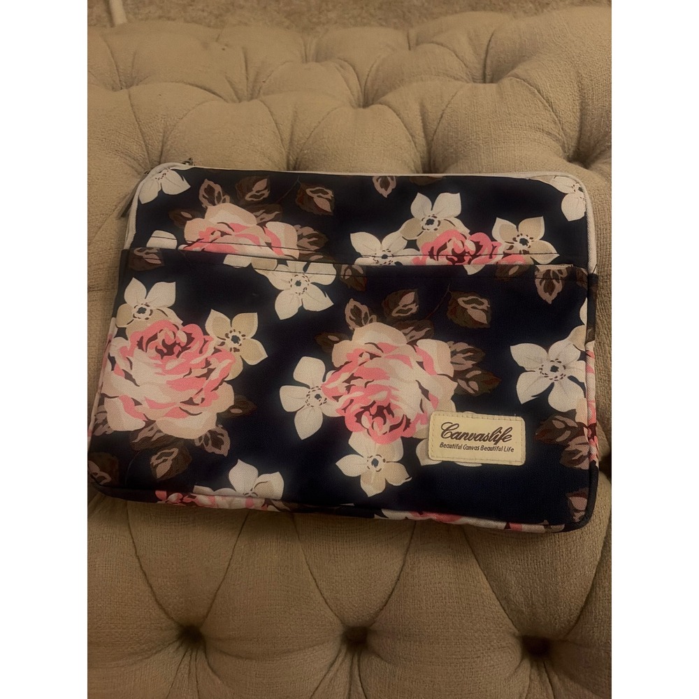 Canvaslife Floral Laptop Sleeve Case Navy Blue Pink Rose Pattern Zippered Bag